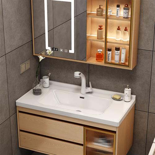 原木风陶瓷一体盆浴室柜组合洗手盆柜洗漱台洗脸盆智能玻璃门套装