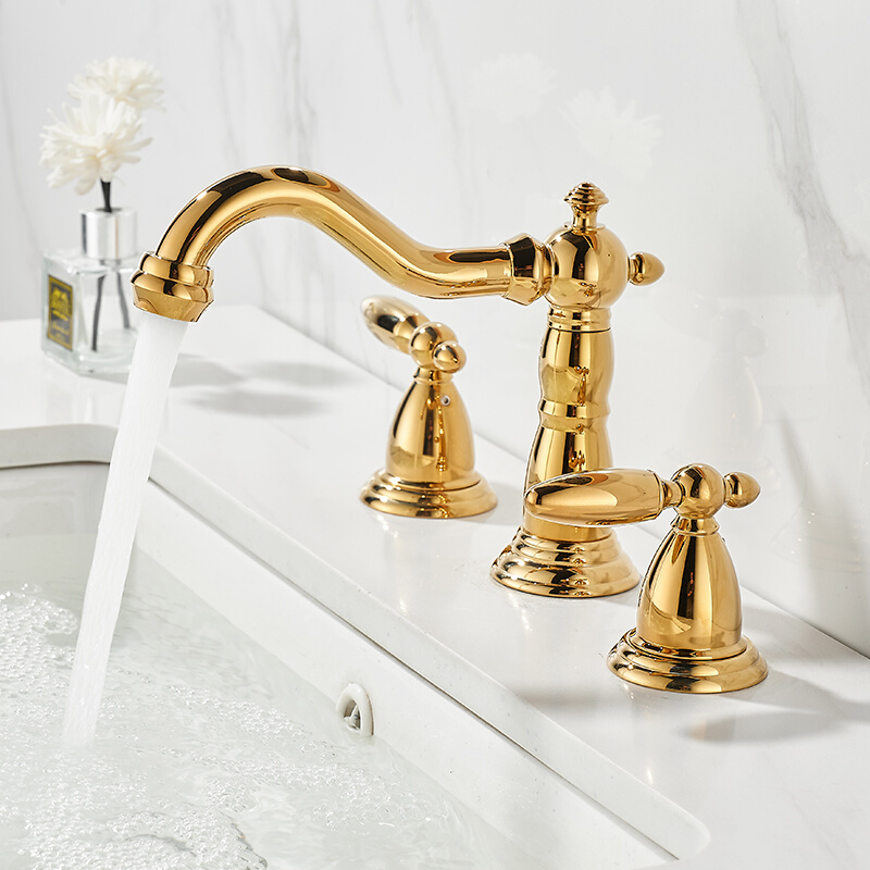 新款金色全铜面盆水龙头三孔分体冷热卫生间浴室柜洗脸洗手盆简约