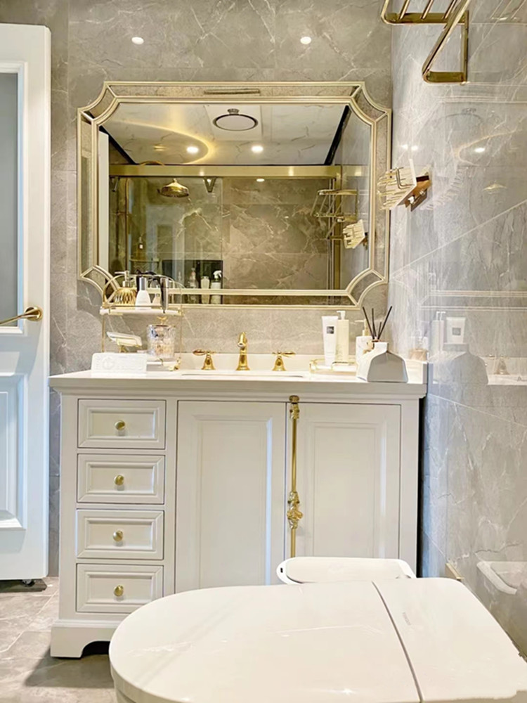 法式美式浴室柜组合实木岩板落地式洗手洗脸盆卫生间洗漱台一体盆