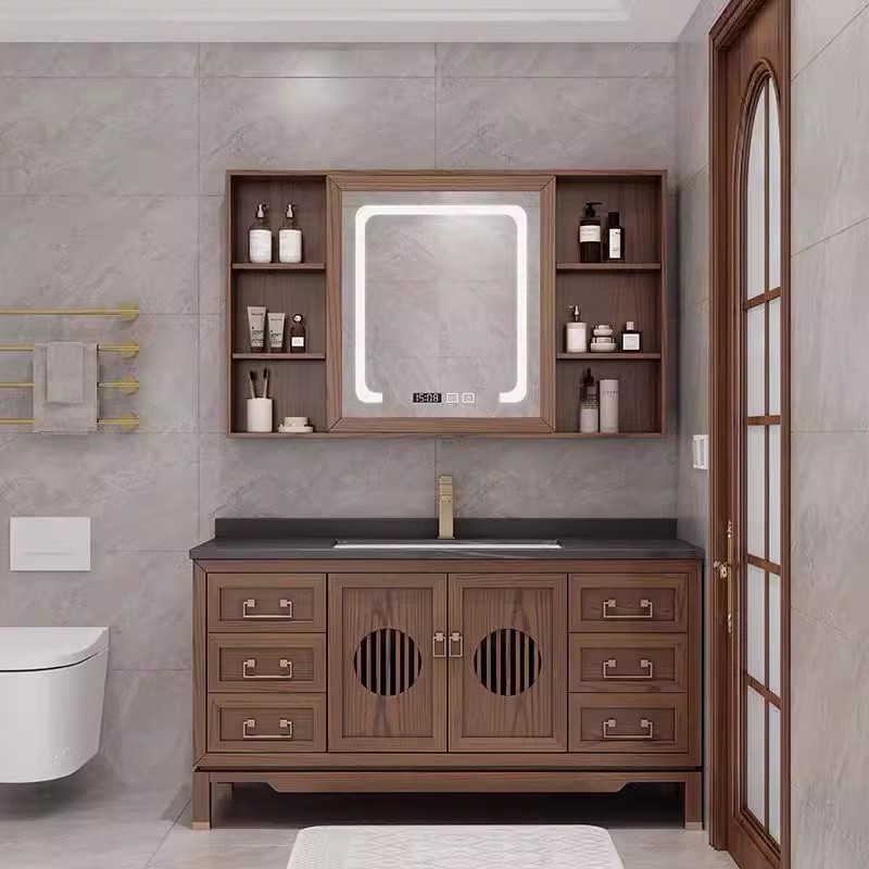 新中式橡木浴室柜组合卫生间岩板一体双盆洗手台洗脸盆智能镜卫浴