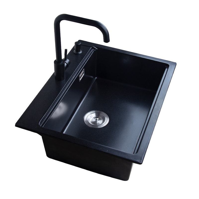 【】石英石水槽单槽黑色花岗岩厨房一体成型洗菜盆6849