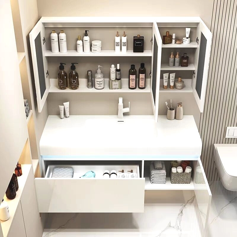 肤感可丽耐一体盆浴室柜现代简约延长台面洗脸盆柜套装多层实木板