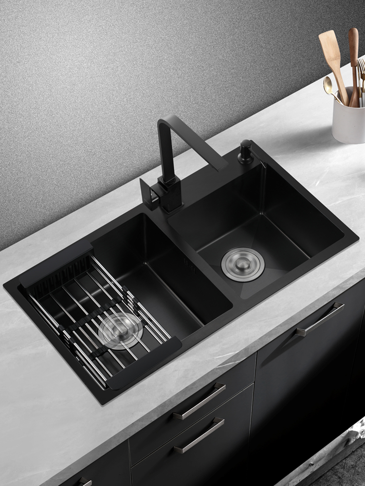 纳米厨房水槽双槽手工加厚304不锈钢黑色家用洗菜盆 洗碗盆大单槽