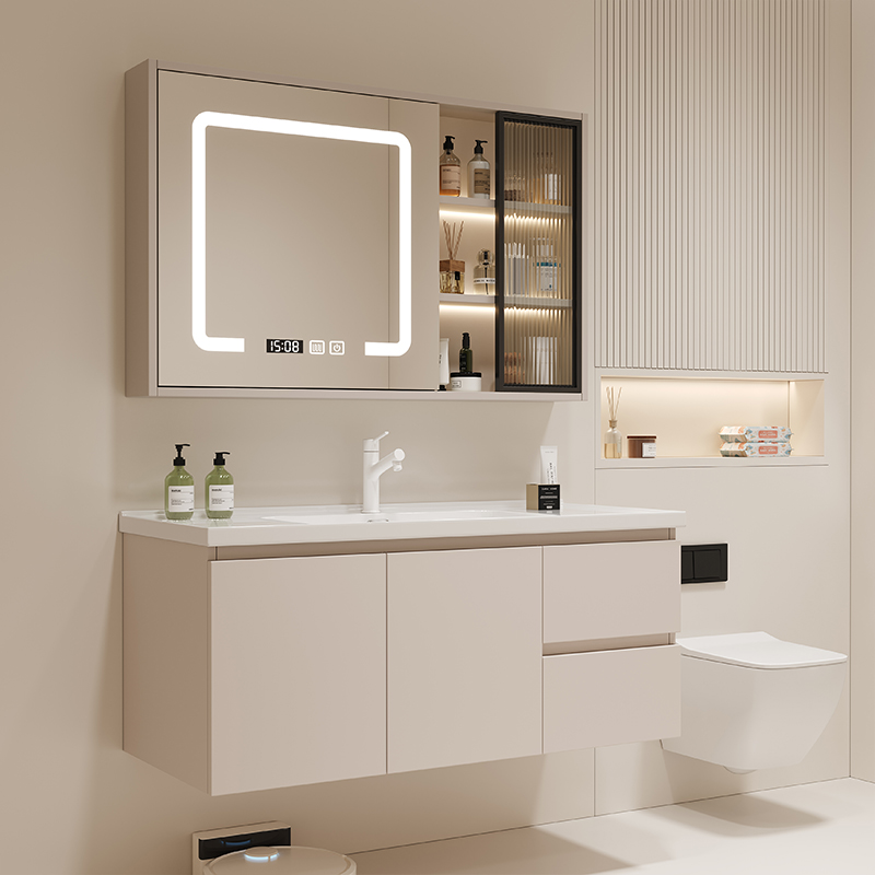 现代实木浴室柜组合陶瓷一体盆卫生间智能洗手洗脸盆柜洗漱台套装