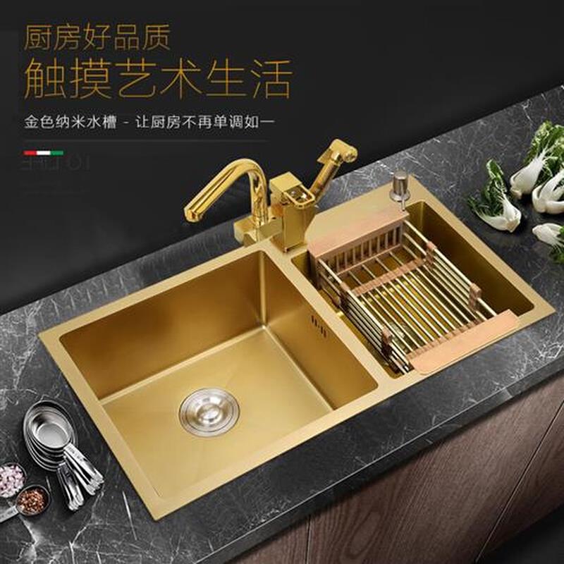 纳米水槽加厚金色手工双槽304不锈钢厨W房洗菜盆水池套装
