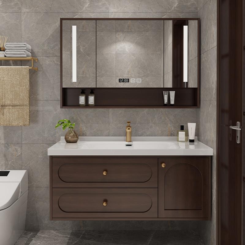 新中式浴室柜组合橡木实木洗脸盆卫生间洗漱台洗手面盆陶瓷一体盆