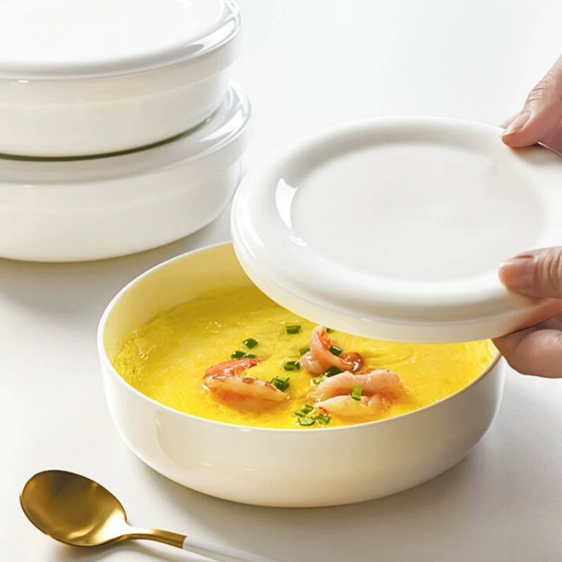 高档骨瓷家用保鲜碗蒸蛋羹泡菜碗纯白高颜值矮炖盅超矮带盖陶瓷碗