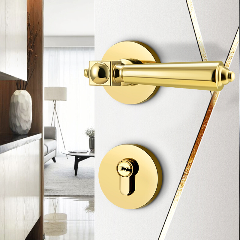美式金色门锁室内卧室实木分体房门锁现代轻奢磁吸静音锁木门把手