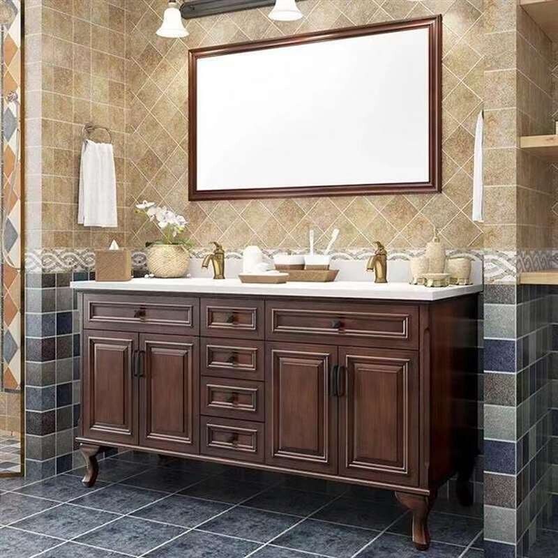 美式浴室柜洗脸盆柜组合橡木洗漱台双盆卫浴柜洗手盆柜实木落地式