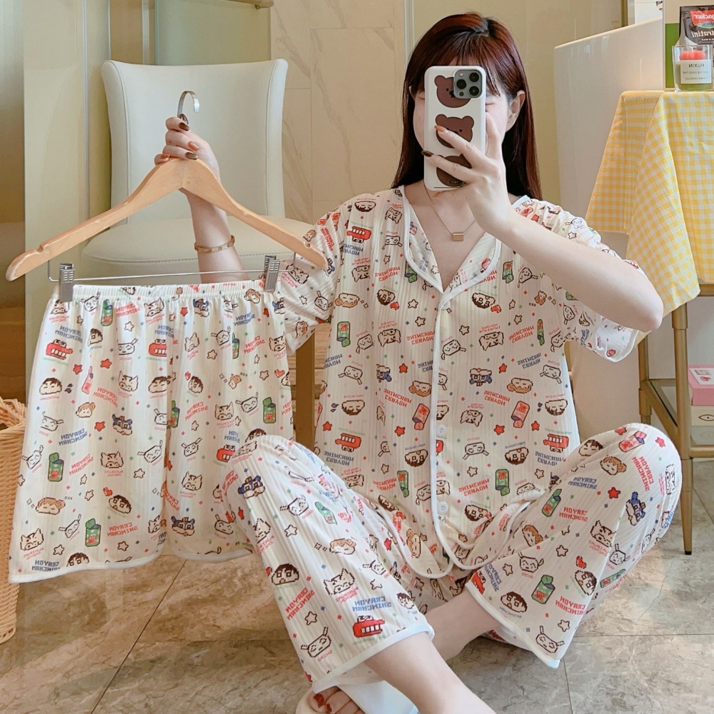 LSZ爆款女士夏季短袖睡衣三件套韩版甜美可爱卡通家居服