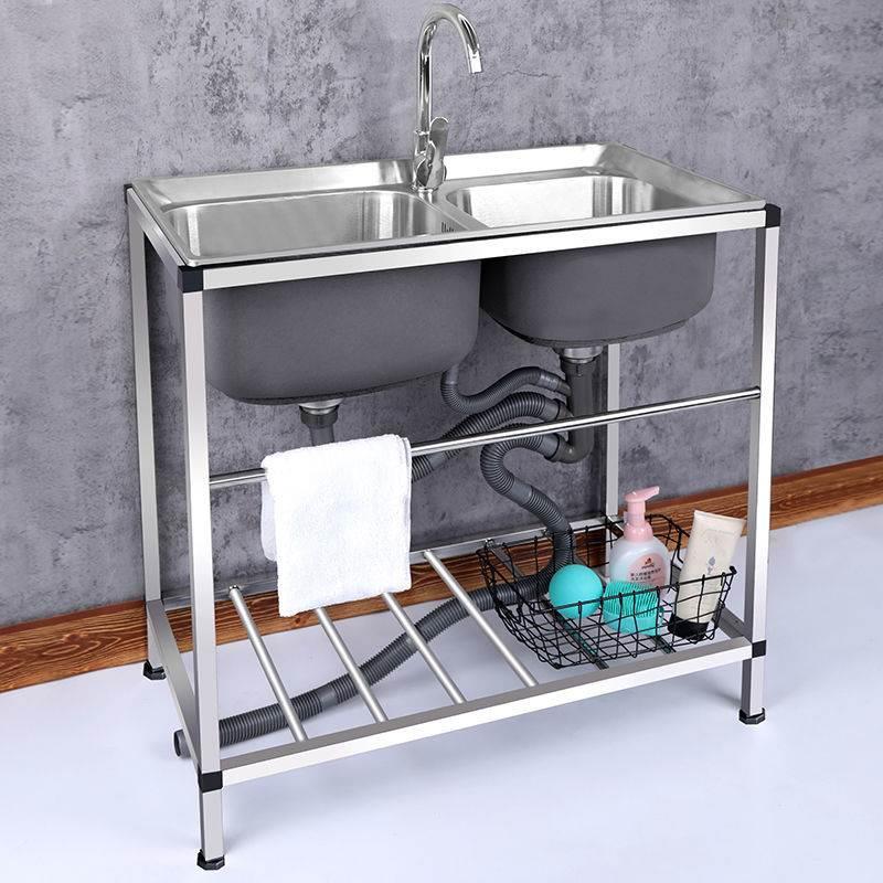 加厚不锈钢洗菜盆双槽厨房简易水槽带支架家用洗手洗碗槽水池架子