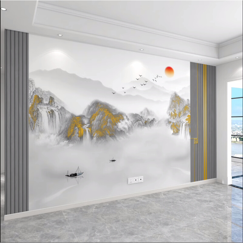 新中式山水画意境墙布8d电视背景墙壁纸现代墙纸格栅客厅沙发壁画