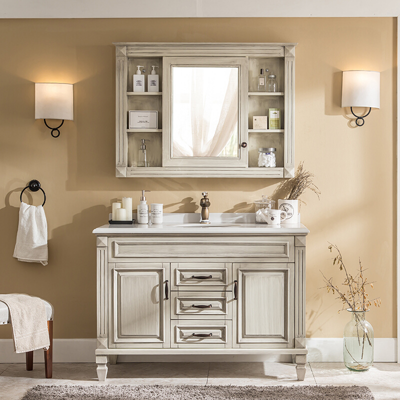 美式实木浴室柜镜柜组合落地式卫生间洗漱台洗手盆面池洗脸盆浴