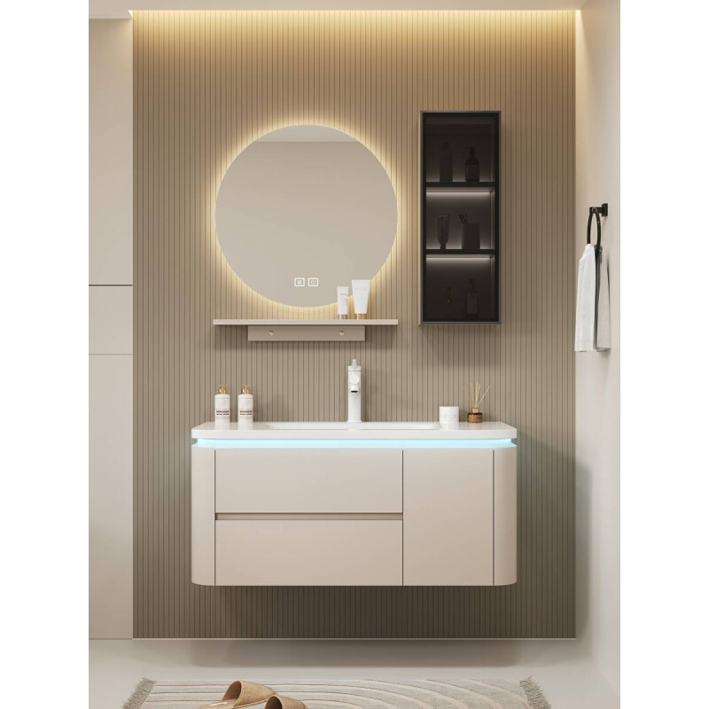 适用于陶瓷一体盆现代简约实木卫生间浴室柜组合洗手脸池智能镜柜