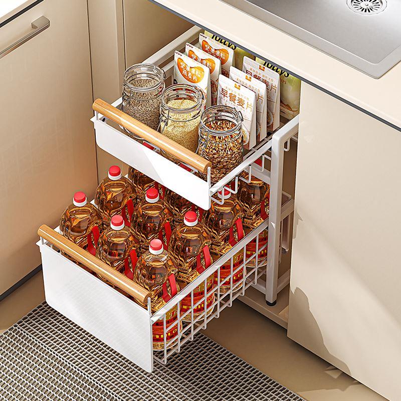 厨房下水槽置物架多功能抽拉式双层收纳架调料碗碟橱柜拉篮分层架