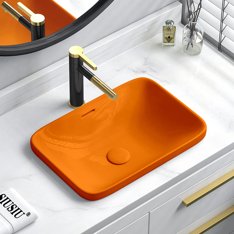 网红橙色台中盆半嵌入式圆形椭圆形台上方形洗脸盆台下洗手盆陶瓷