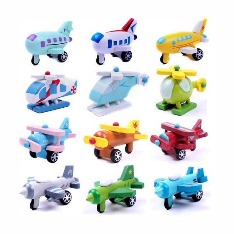 外贸库存玩具日单迷你木制飞机系列十二件套可动飞机玩具和风系列