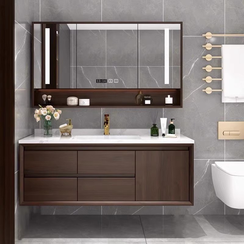 橡木浴室柜组合新中式实木岩板陶瓷无缝一体盆卫生间洗手洗脸盆柜