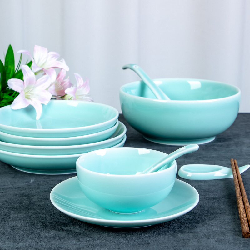 现货速发3TBW青瓷餐具碗碟套装家用家庭中式龙泉陶瓷饭碗盘子散装