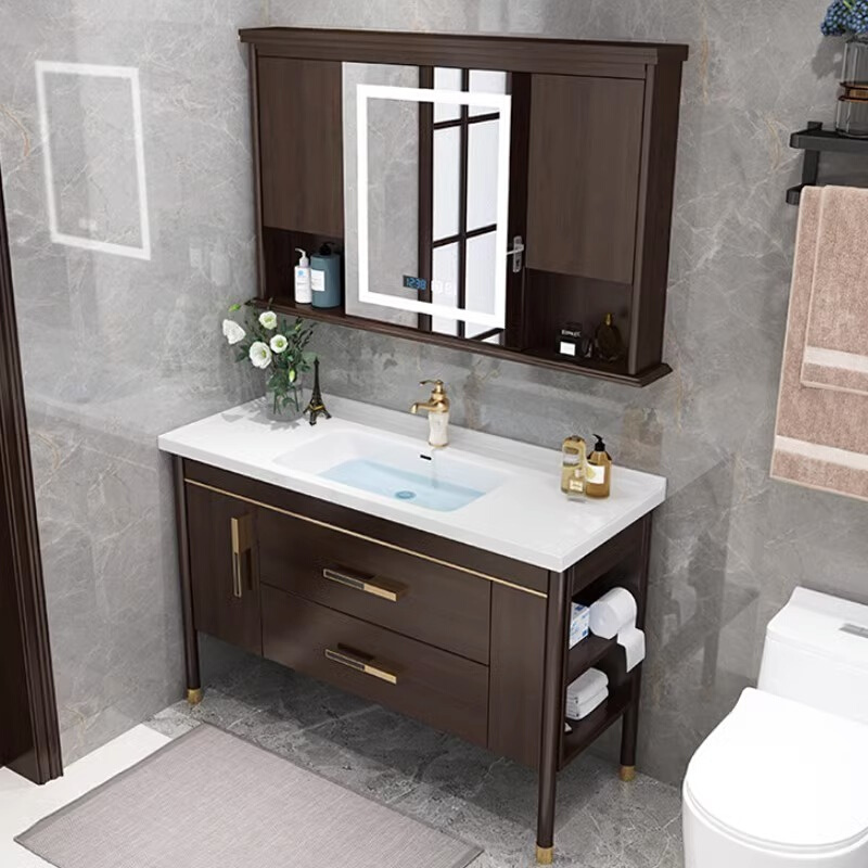 新中式橡木浴室柜组合岩板一体陶瓷盆卫生间实木落地洗手洗脸台盆