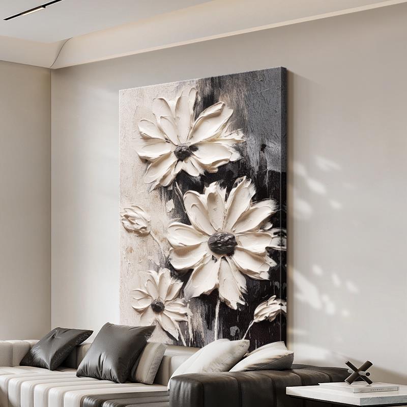 现代简约客厅装饰画黑白灰沙发背景墙挂画花卉肌理落地画玄关壁画