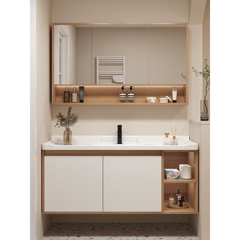 现代简约实木一体陶瓷岩板智能浴室柜组合卫生间洗脸盆柜套装