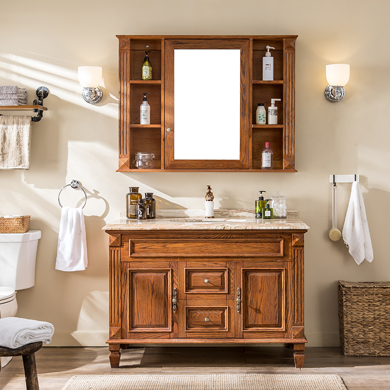 美式浴室柜 橡木洗手台盆实木落地卫浴柜新中式洗脸盆卫生间镜柜