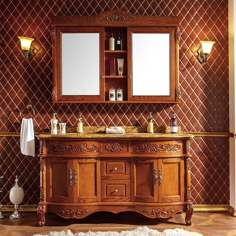 别墅欧式双盆浴室柜红橡木雕花洗手盆柜落地式洗脸盆组合镜柜美式
