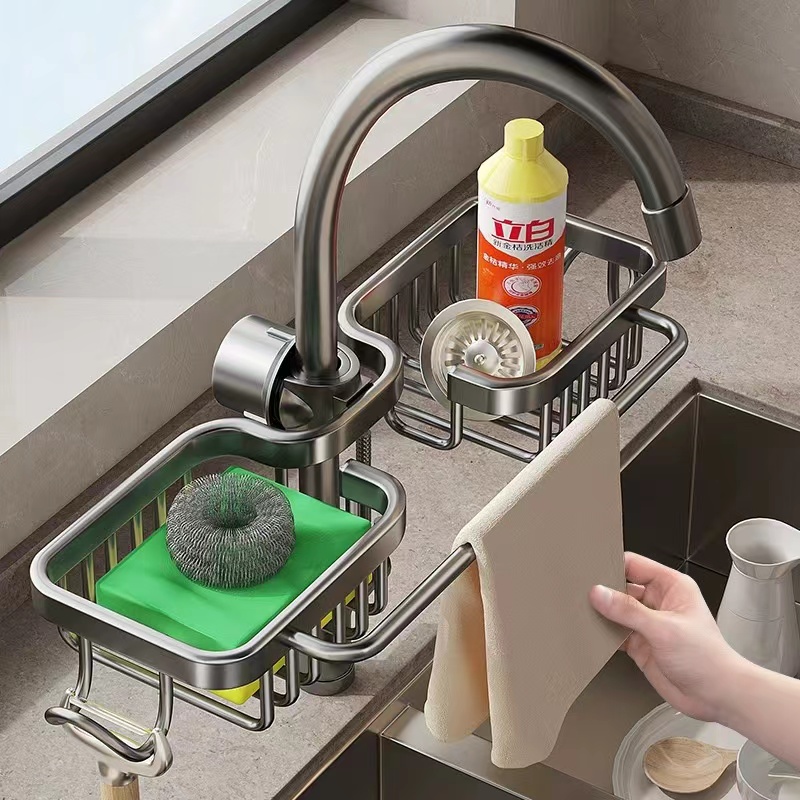 厨房水龙头置物架太空铝洗碗洗菜池水槽用品家用抹布海绵沥水挂篮
