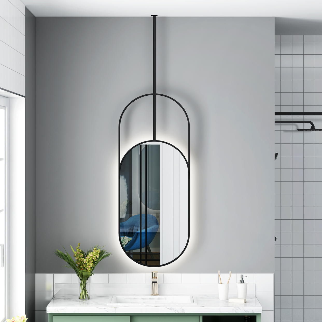 椭圆形镜子天花板吊杆浴室镜洗手间卫浴镜椭圆背灯带触摸镜智能镜
