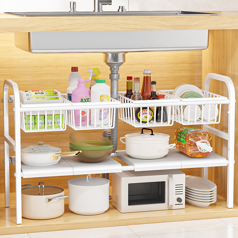 厨房下水槽置物架橱柜内锅具分层收纳柜子可伸缩隔板挂篮整理架子
