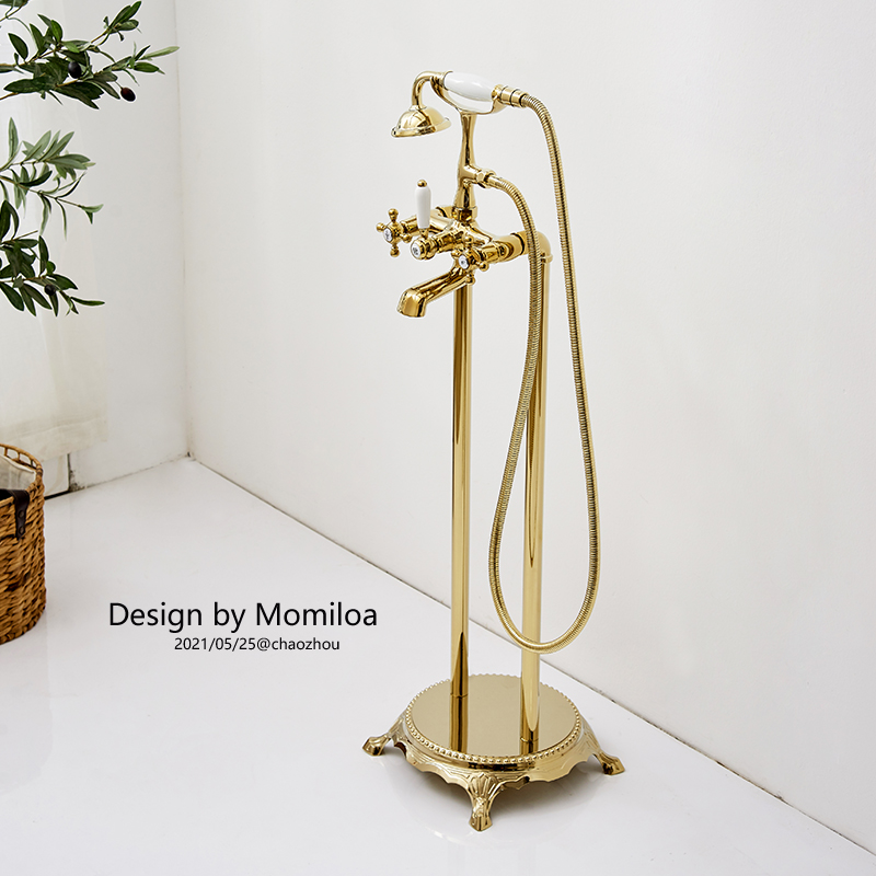 美景欧式复古落地式浴缸龙头锆金色电镀银色陶瓷手柄电话淋浴花洒
