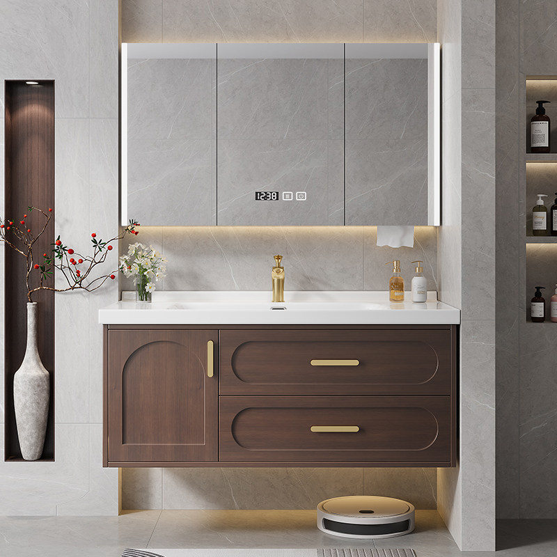 新中式橡木陶瓷一体盆浴室柜组合卫浴柜卫生间挂壁式实木洗漱台盆