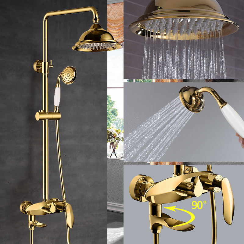 金色淋浴花洒龙头套装玫瑰金家用全铜增压防堵升降旋转淋雨沐浴器