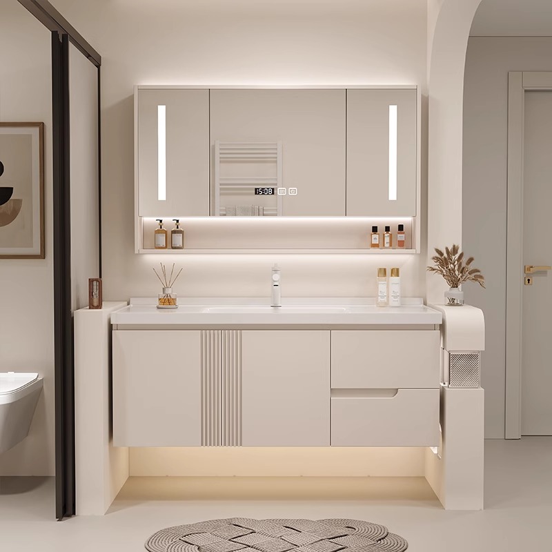 岩板热弯一体盆浴室柜组合洗手盆柜卫生间洗漱台实木智能镜卫浴柜