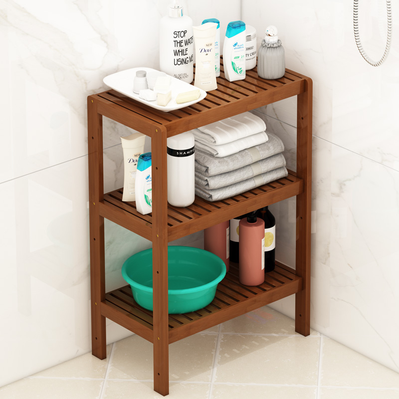 浴室置物架卫生间落地厕所洗脸盆架子家用竹实木质放洗发水收纳架
