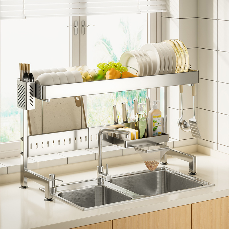 厨房不锈钢多功能下水槽置物架水池洗碗槽伸缩碗盘砧板沥水收纳架