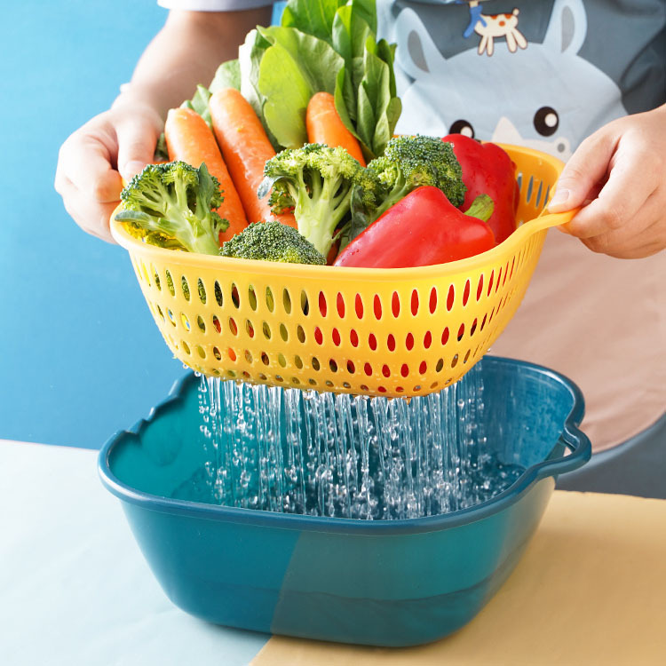 厨房双层水果蔬菜塑料撞色沥水篮方形塑料加厚收纳洗菜沥水篮