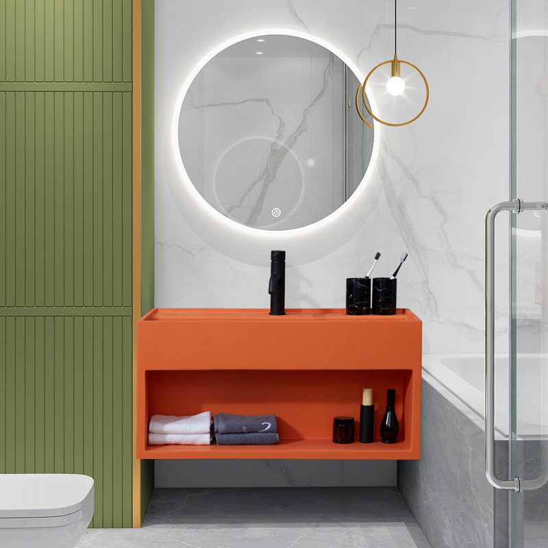 北欧人造石浴室柜组合洗手盆洗脸柜挂壁式挂墙式卫生间台盆柜橙色