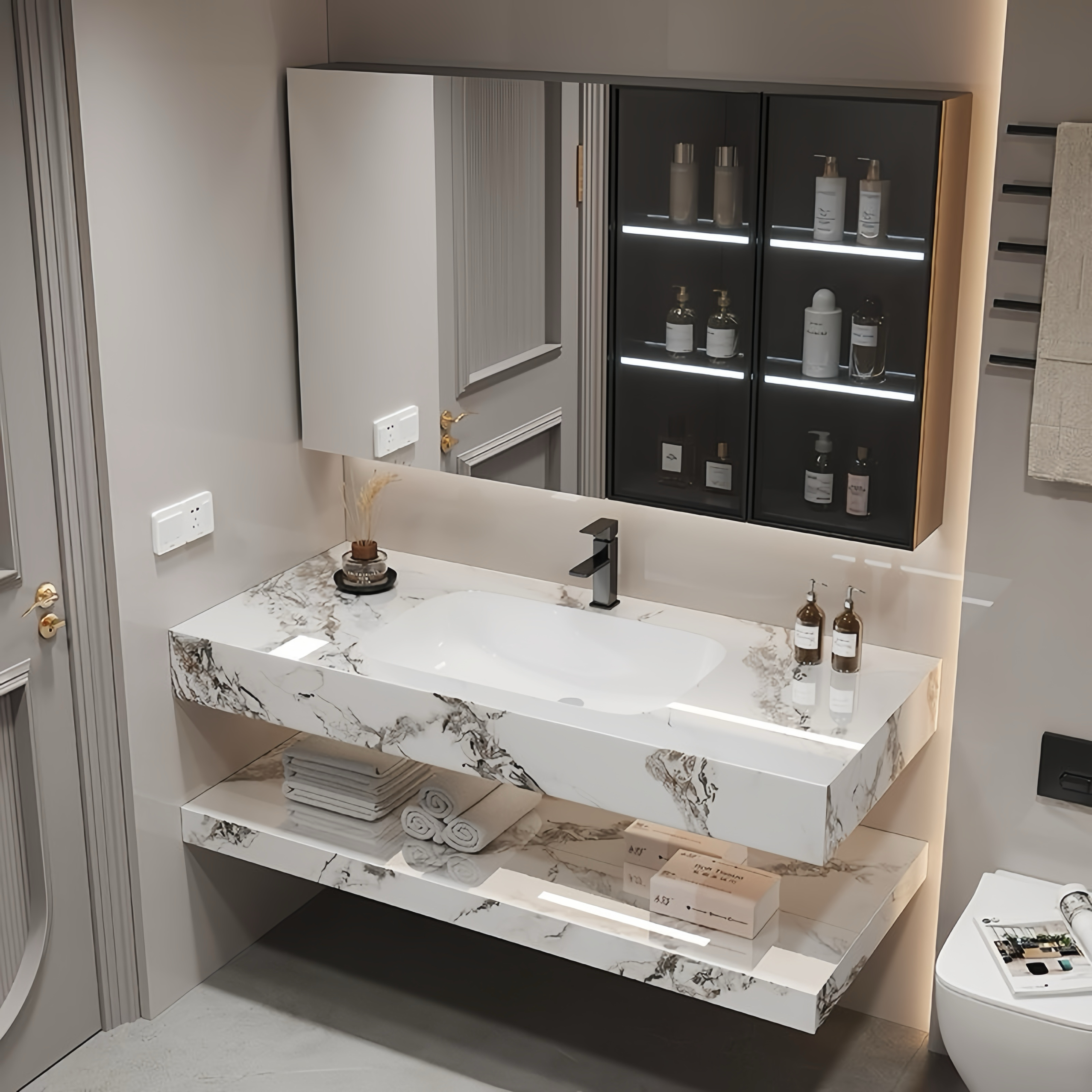 现代双层岩板陶瓷无缝一体盆浴室柜组合设计师高端定制洗手台洗漱