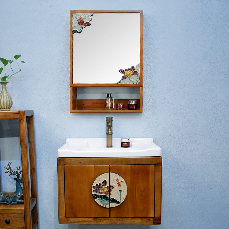 现代中式实木卫生间洗脸盆柜组合挂式浴室柜陶瓷盆洗手池吊柜套装