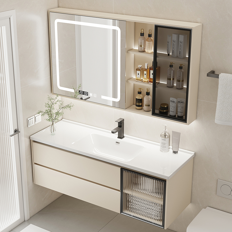现代实木智能浴室柜组合卫生间陶瓷一体盆洗漱台洗手洗脸盆柜组合
