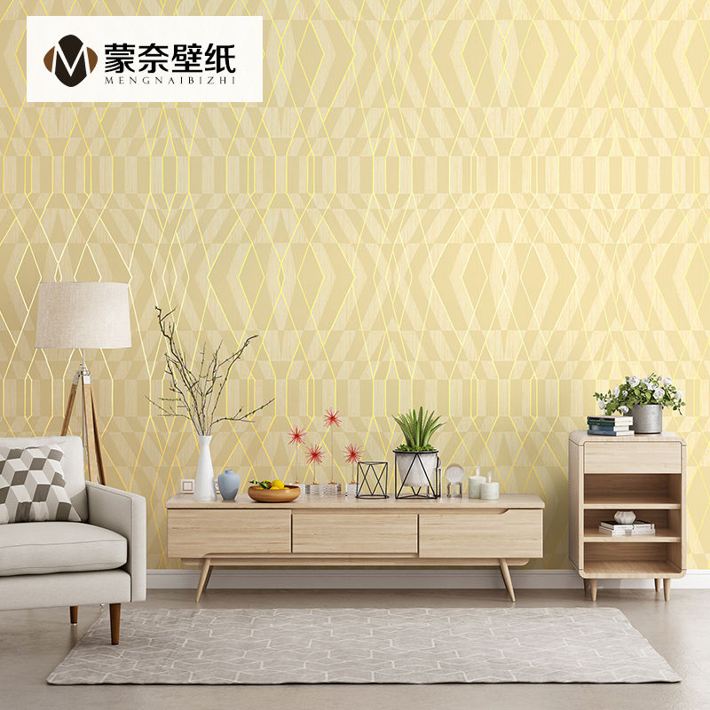 孔雀绿暖黄色灰色北欧几何线条墙纸客厅卧室房间背景墙壁纸高级感