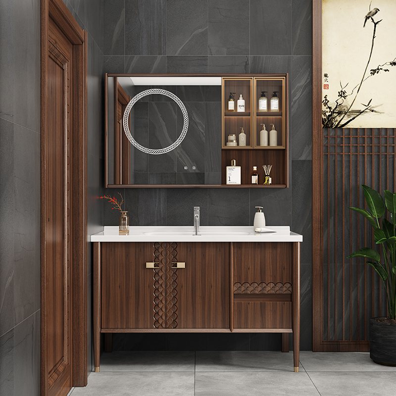 新中式浴室柜组合橡木烤漆一陶瓷体盆卫浴落地式洗手洗脸盆洗漱台