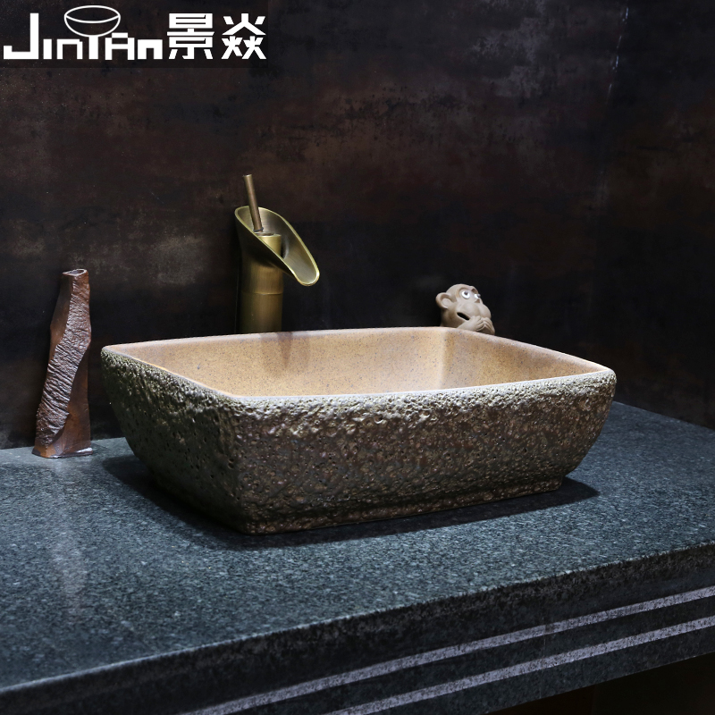 景焱石头纹艺术台上盆长方形陶瓷洗脸盆卫生间中式复古台上洗手盆