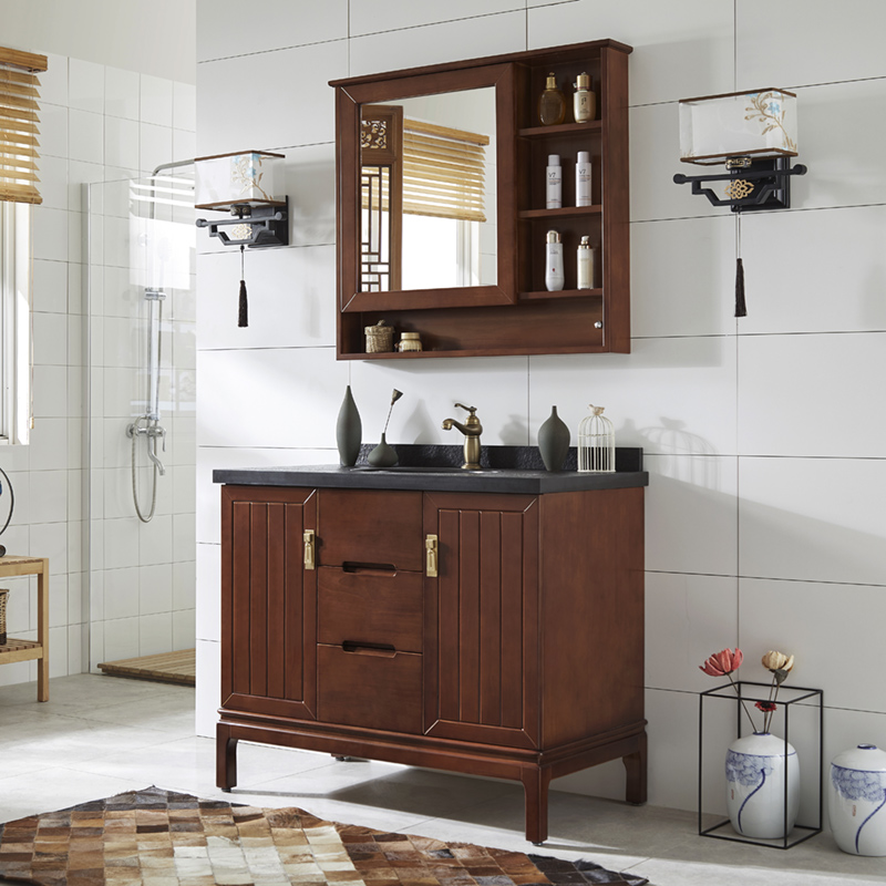 现代新中式卫浴实木落地洗脸手面盆池洗漱台浴室柜组合卫生间镜柜