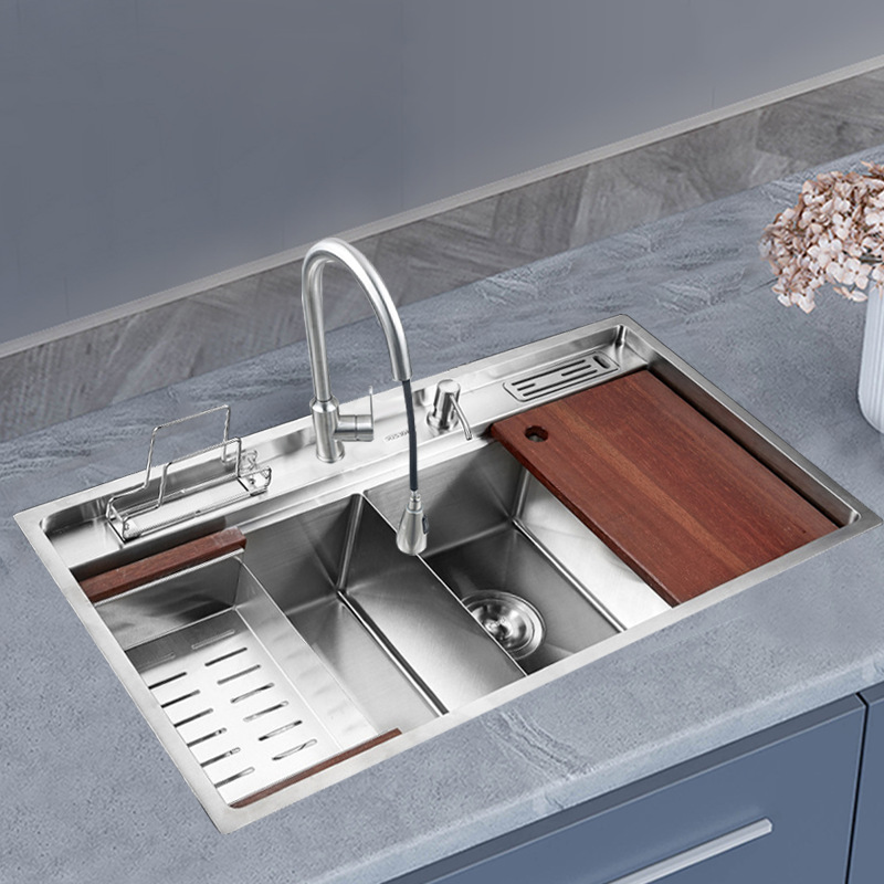 厨房多功能水槽台阶水槽304不锈钢大双槽沥水板洗菜盆装水池