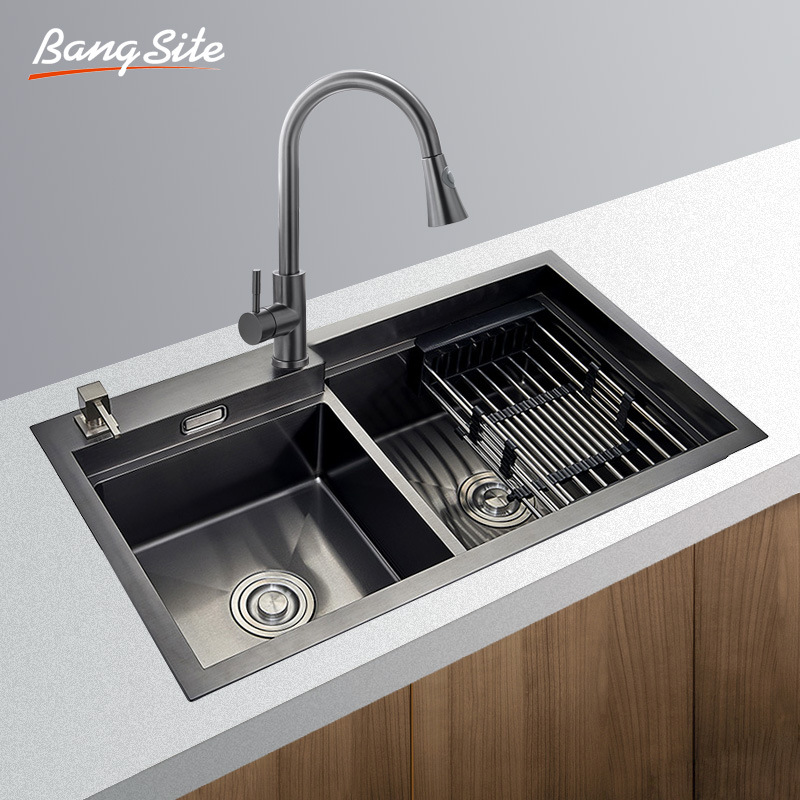 纳米黑钛304不锈钢手工水槽台上厨房双槽洗菜盆加厚洗碗池