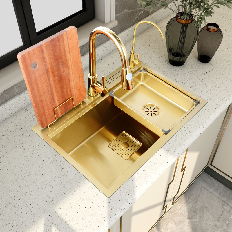 纳米金色304不锈钢大单槽厨房洗菜盆多功能水槽台下盆家用洗碗槽