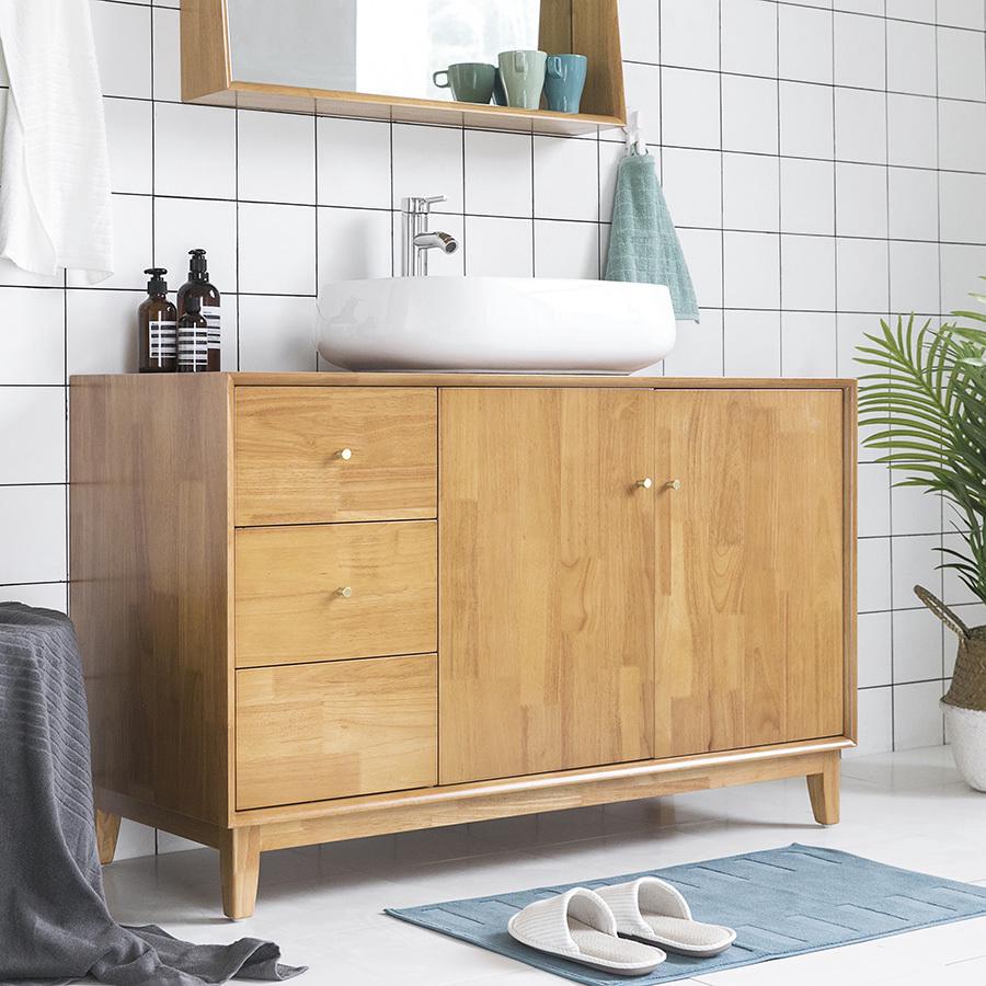 日式简约北欧风格纯实木橡胶木落地浴室柜洗漱柜台洗脸盆定制